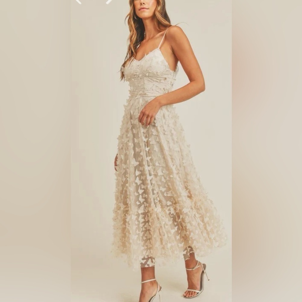 NWT Thirty/Thirty LA Butterfly Mesh Lace Up Midi Dress - Cream. Size Small - Picture 3 of 13